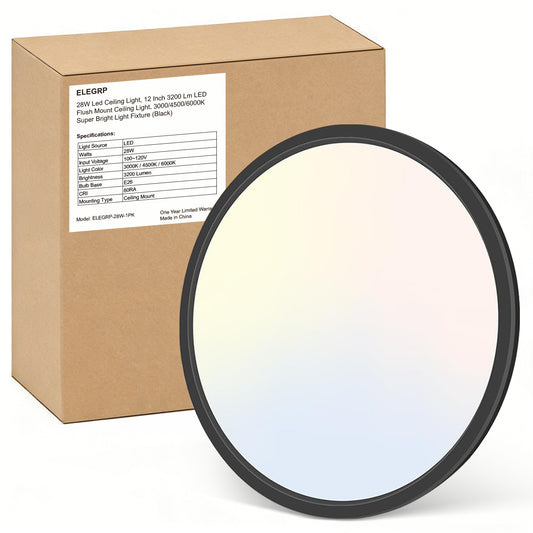 ELEGRP 28W Led Ceiling Light, 12 Inch LED Flush Mount Ceiling Light, 3000K/4500K/6000K Super Bright Light Fixture with 3200 Lumens for Bedroom, Living Room, Hallway, Dining Room, Study Room (black)