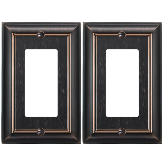 ELEGRP 2 Pack 1-Gang Oil Rubbed Bronze Zinc Alloy Wall Plate, Metal Decorative Receptacle Outlet Cover, Mid-Size Decor Plate Cover