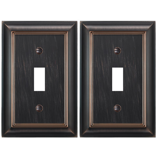 ELEGRP 2 Pack 1-Gang Oil Rubbed Bronze Zinc Alloy Wall Plate, Metal Toggle Switch Cover, Mid-Size Decor Plate Cover