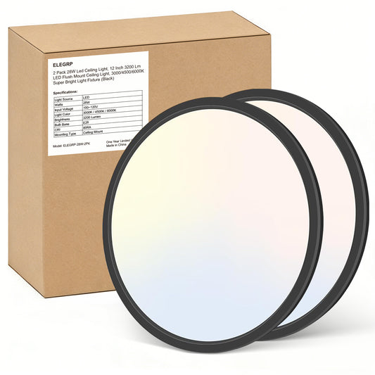 (2 Pack) ELEGRP 28W LED Ceiling Light, 12 Inch Flush Mount Ceiling Light, 3000K/4500K/6000K Adjustable Light Fixture with 3200 Lumens for Bedroom, Living Room, Hallway, Dining Room, Study Room (black)