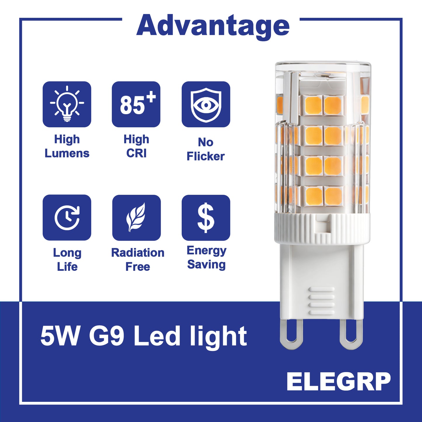 (6 Pack) ELEGRP G9 Led Bulb Non-Dimmable 6000K with Cool Light, G9 Base 120 Volt 320 Lumens 360 Beam Angle, 5 Watt Equivalent 40 Watt G9 Halogen Bulb