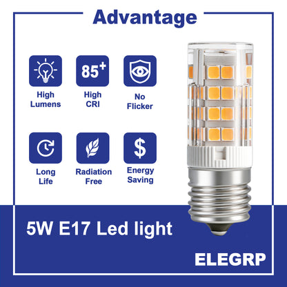 (6 Pack) ELEGRP E17 Led Bulb Non-Dimmable 6000K with Cool Light, E17 Base 120 Volt 320 Lumens 360 Beam Angle, 5 Watt Equivalent 40 Watt E17 Halogen Bulb