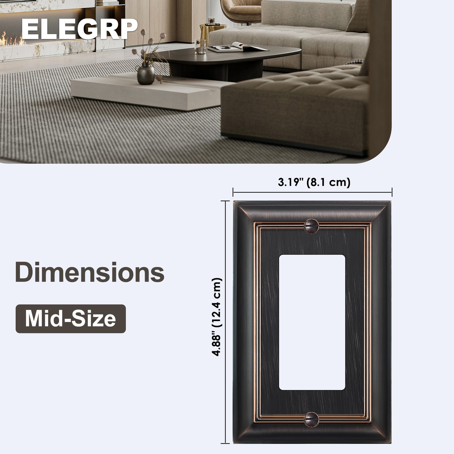 ELEGRP 2 Pack 1-Gang Oil Rubbed Bronze Zinc Alloy Wall Plate, Metal Decorative Receptacle Outlet Cover, Mid-Size Decor Plate Cover